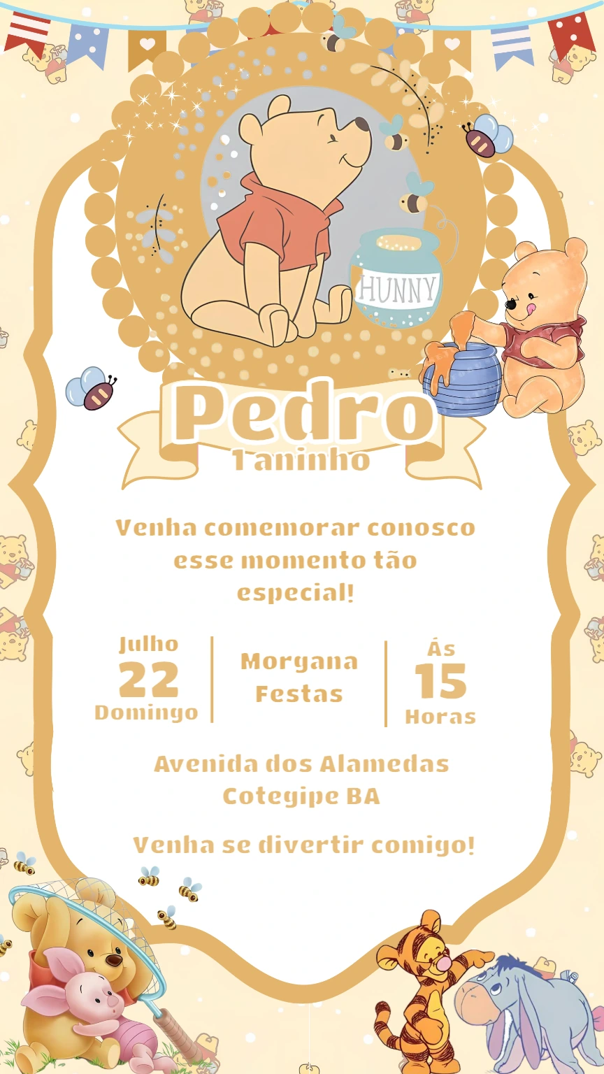 Convite de Aniversário Ursinho Pooh para Editar Online