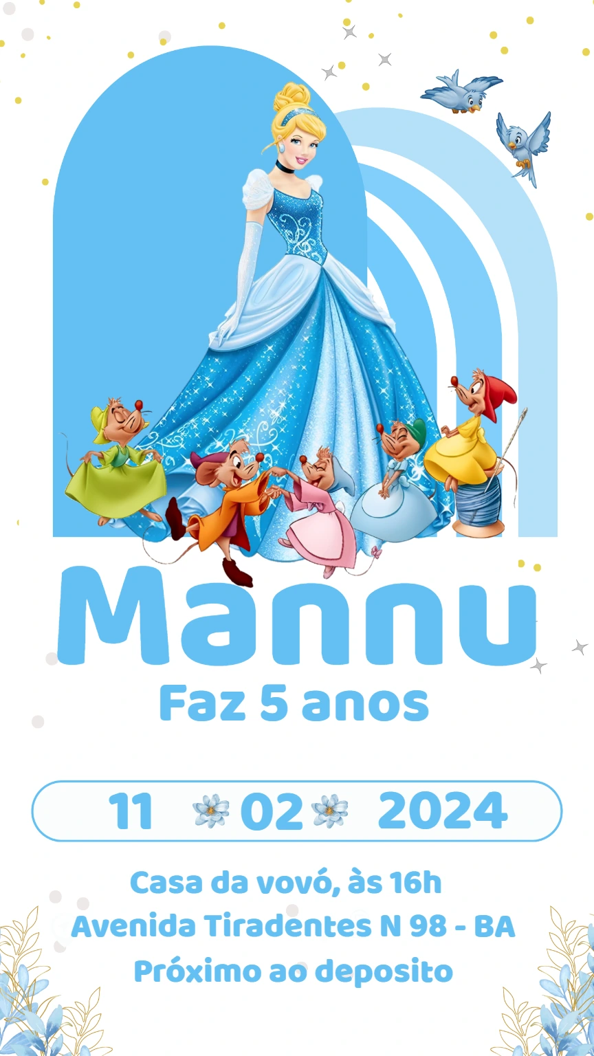 Convite de Aniversário Cinderela para Editar Online
