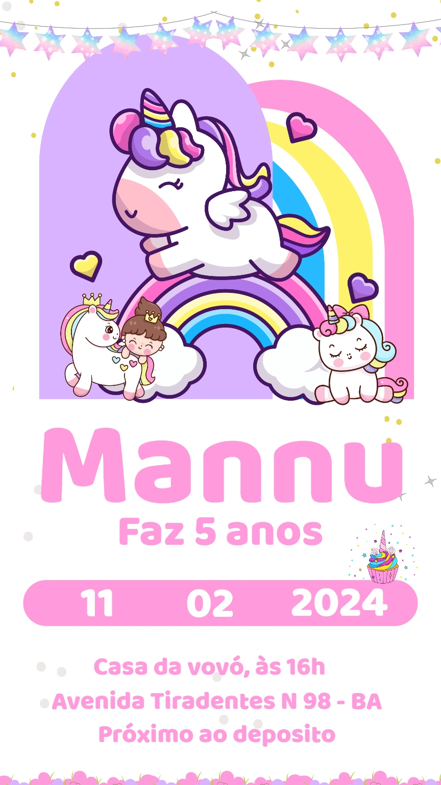 Convite de Aniversário Unicórnio Fofo para Editar Online