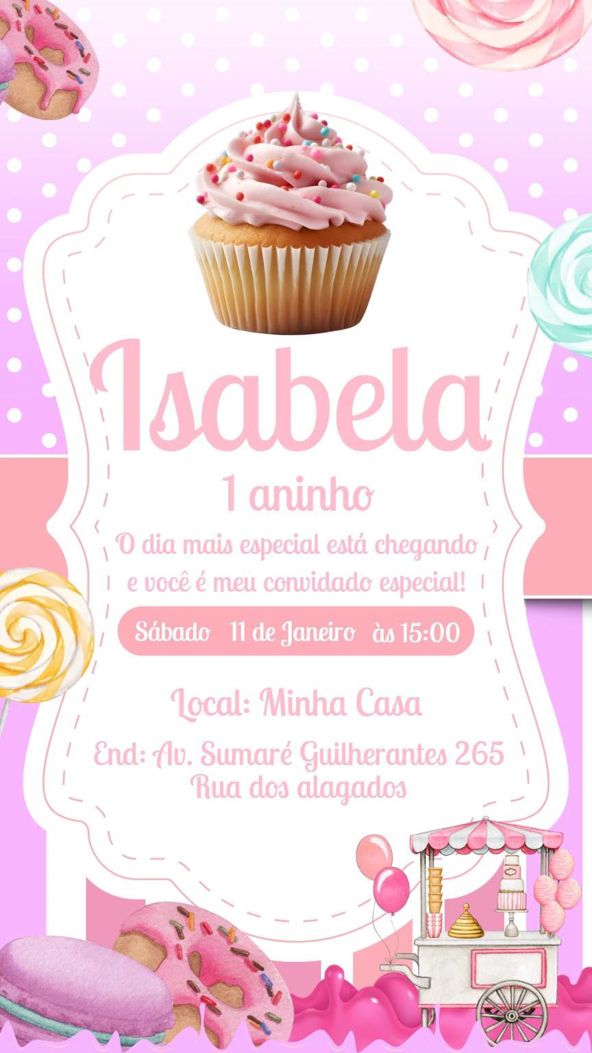 Convite Aniversário Cupcake e Doces para Editar Online