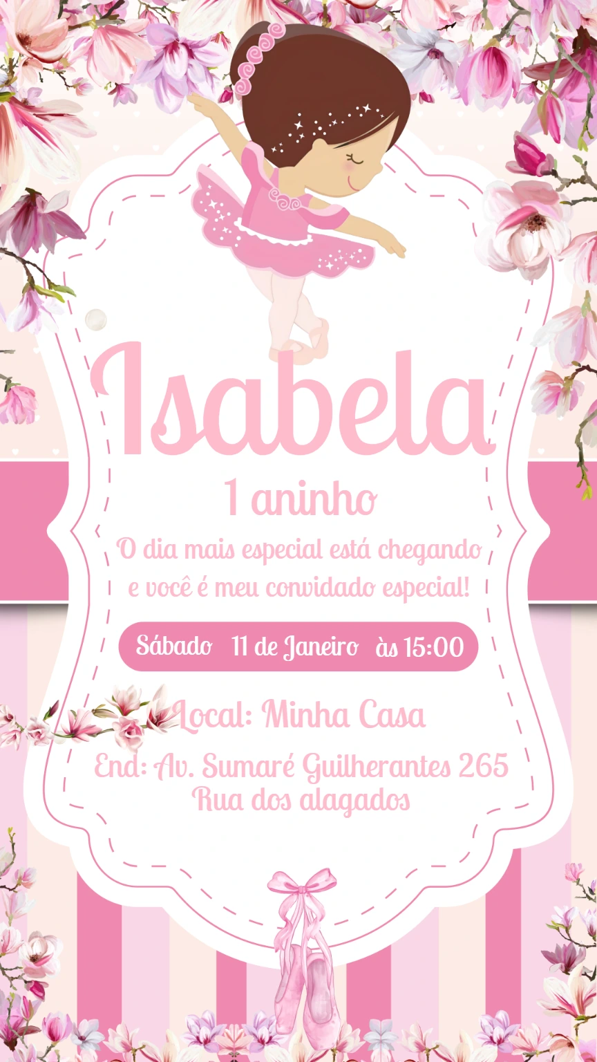Convite de Aniversário Bailarina Floral para Editar Online
