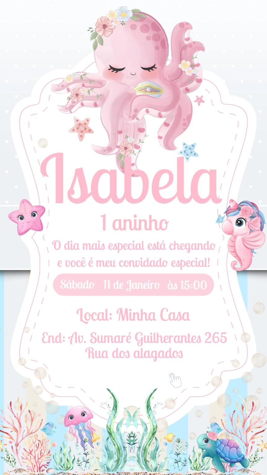 Convite Aniversário Fundo do Mar com Polvo para Editar Online