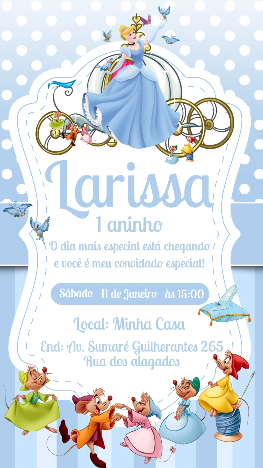 Convite de Aniversário Cinderela com Carruagem para Editar
