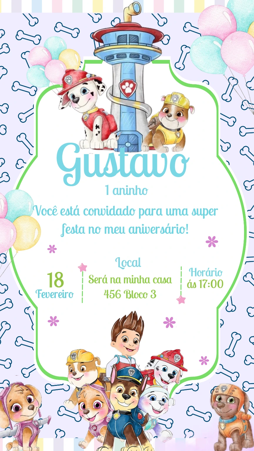 Convite de Aniversário Patrulha Canina com Personagens para Editar