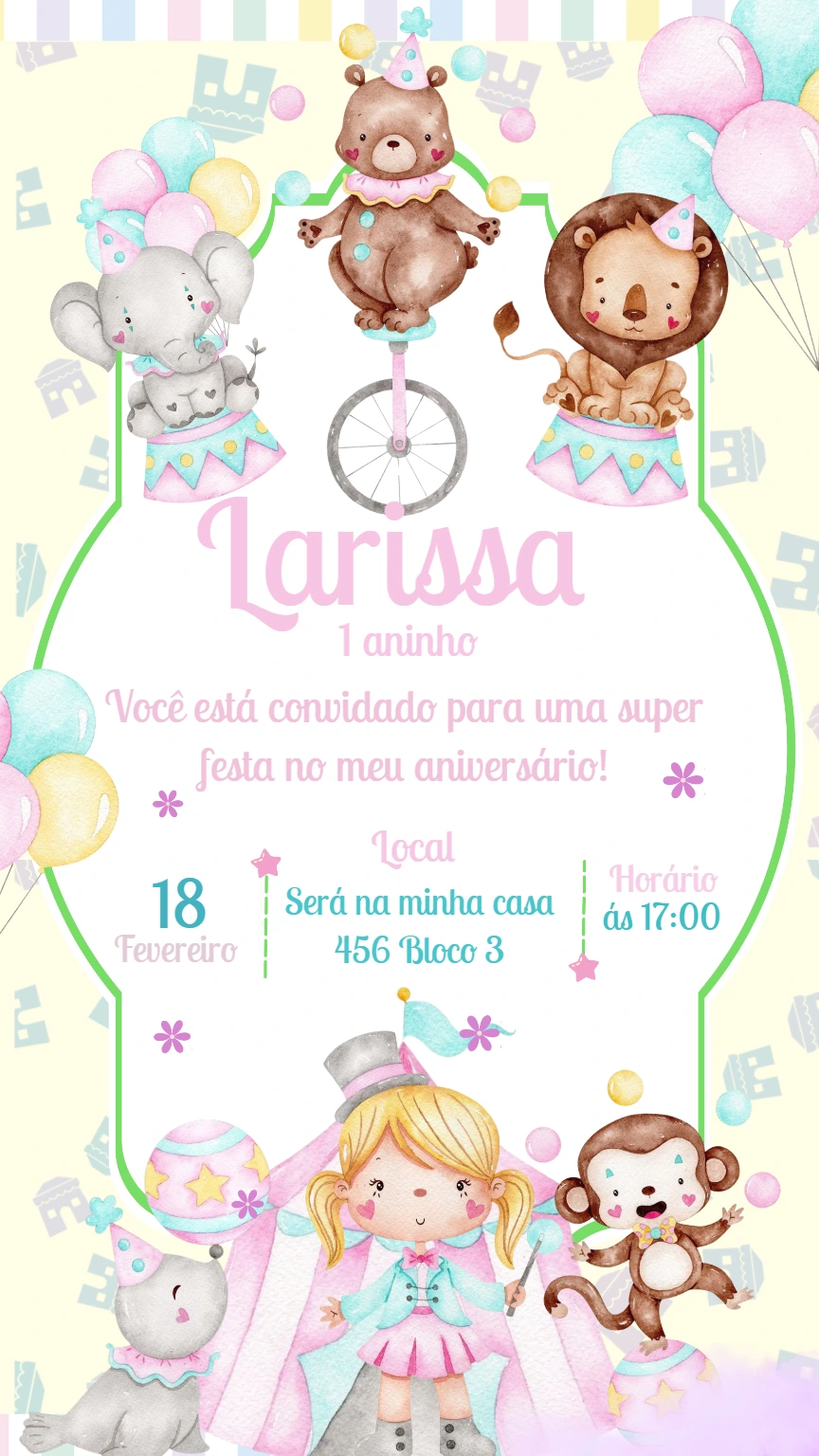 Convite de Aniversário Circo Rosa Aquarela Editável Online