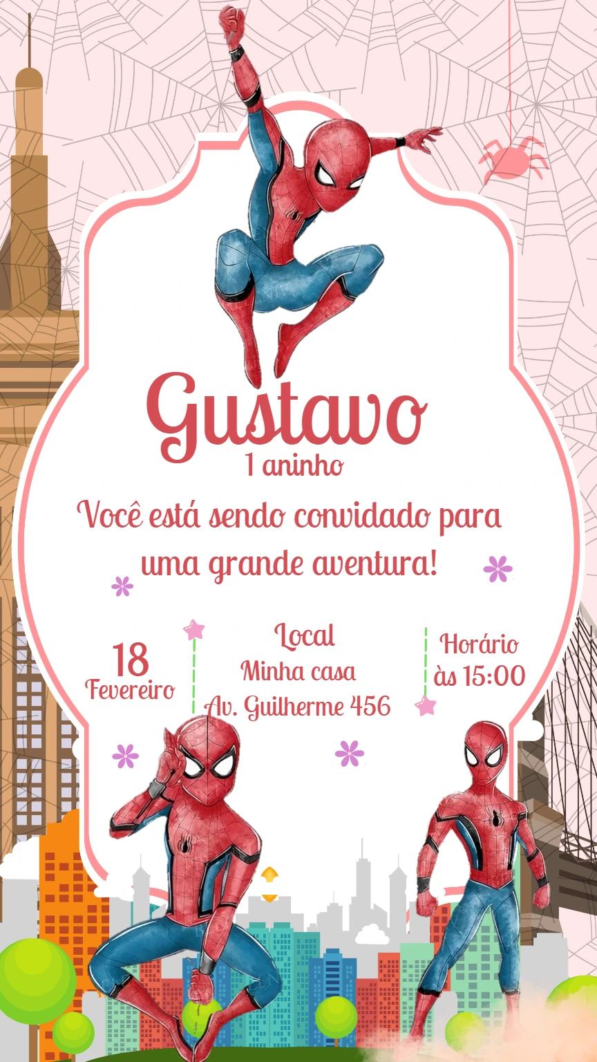 Convite Aniversário Homem-Aranha Rosa para Editar Online