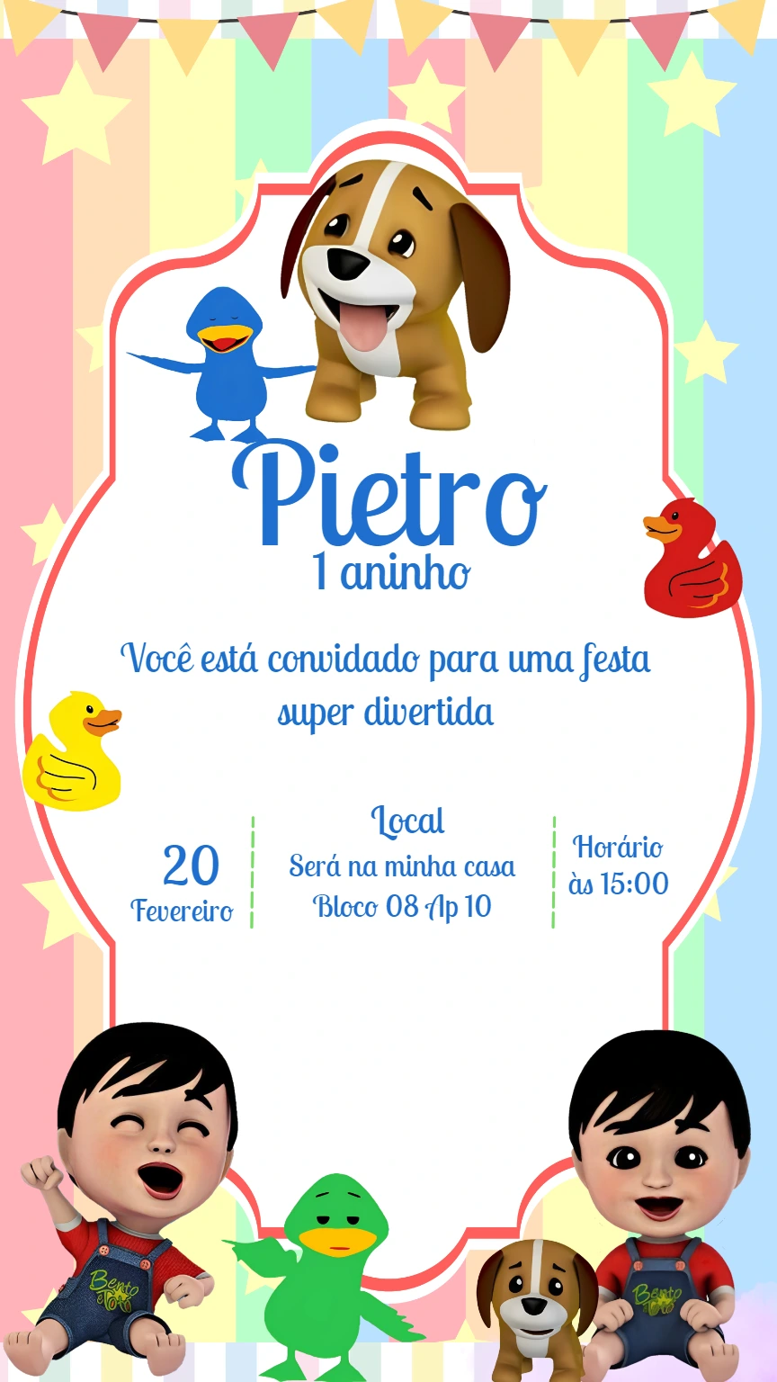 Convite Aniversário Bento e Totó para Editar Online