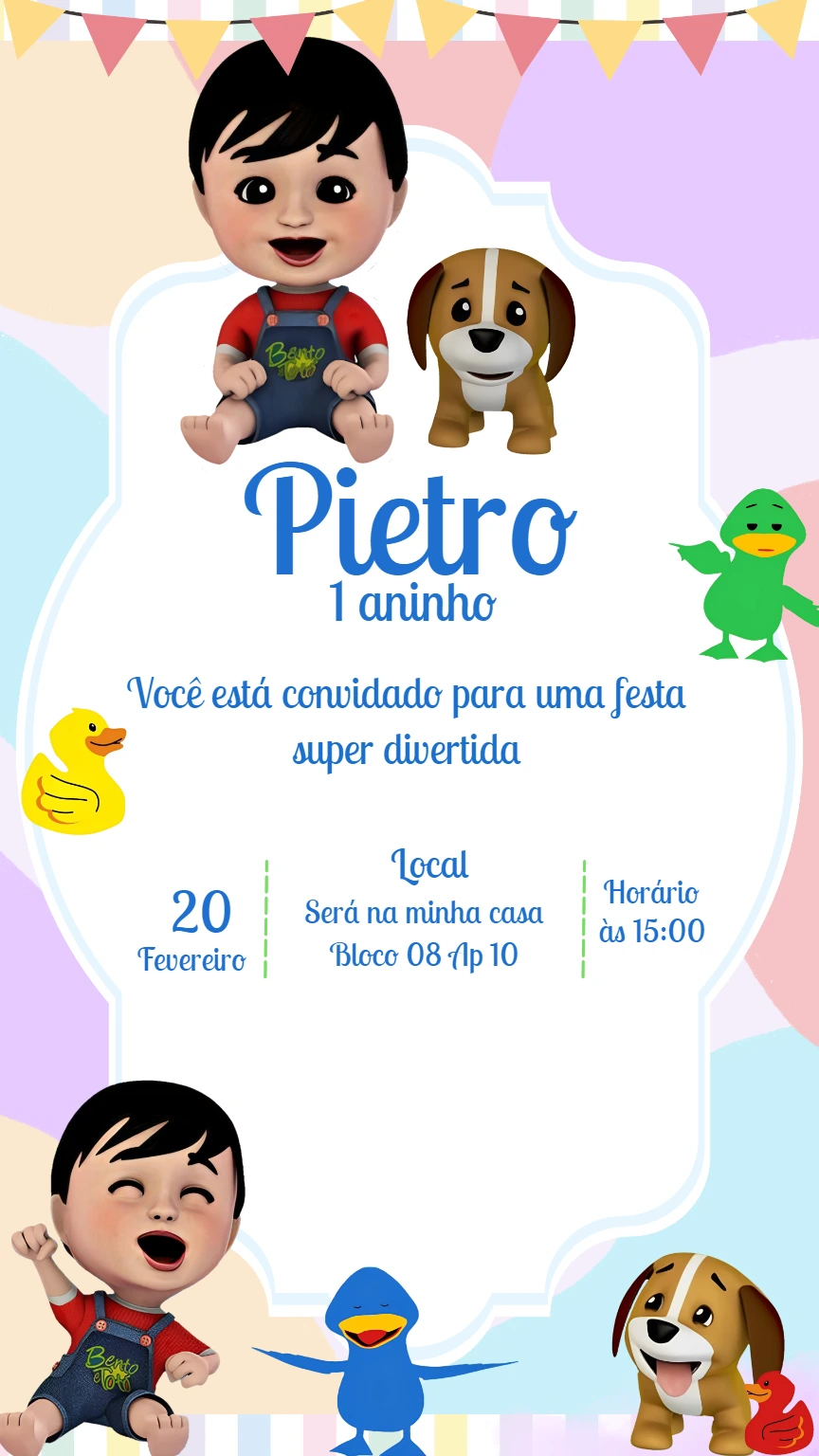 Convite de Aniversário Bento e Totó para Editar Online