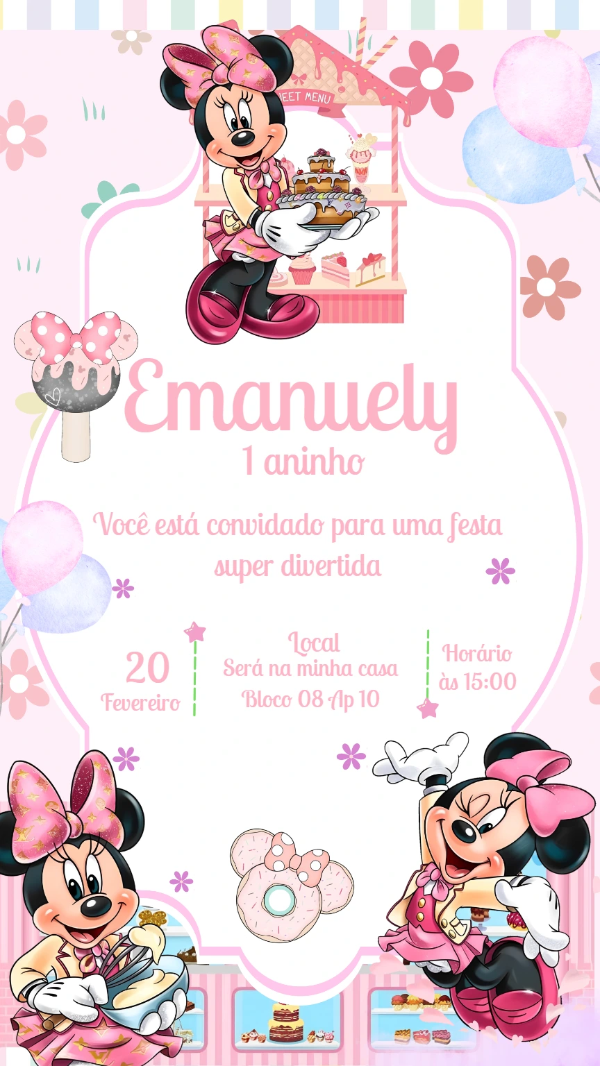Convite Aniversário Minnie Confeiteira para Editar Online