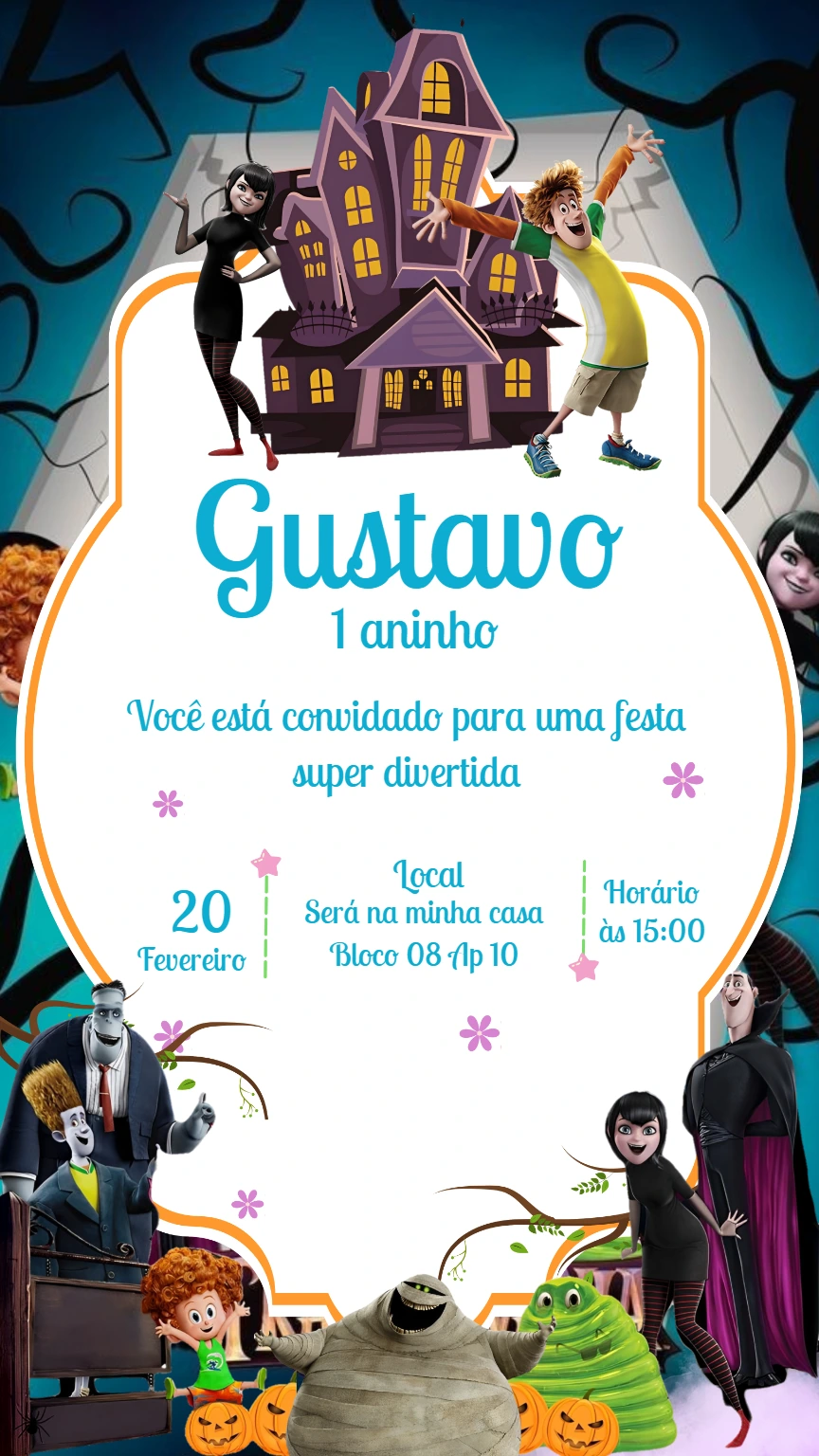 Convite Aniversário Hotel Transilvania com Personagens para Editar