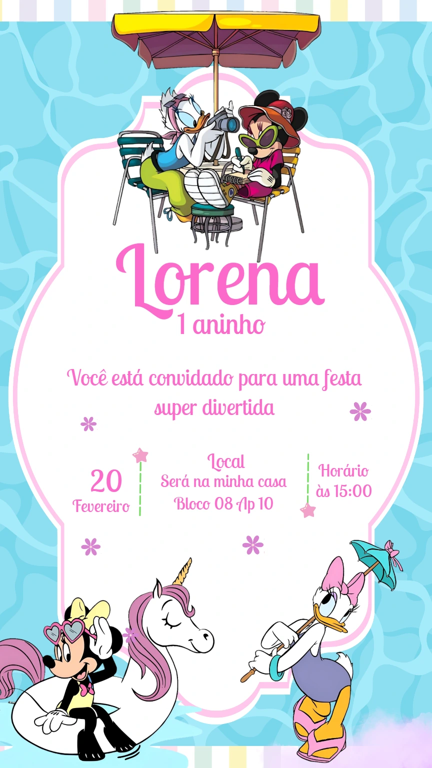 Convite Aniversário Minnie Pool Party para Editar Online