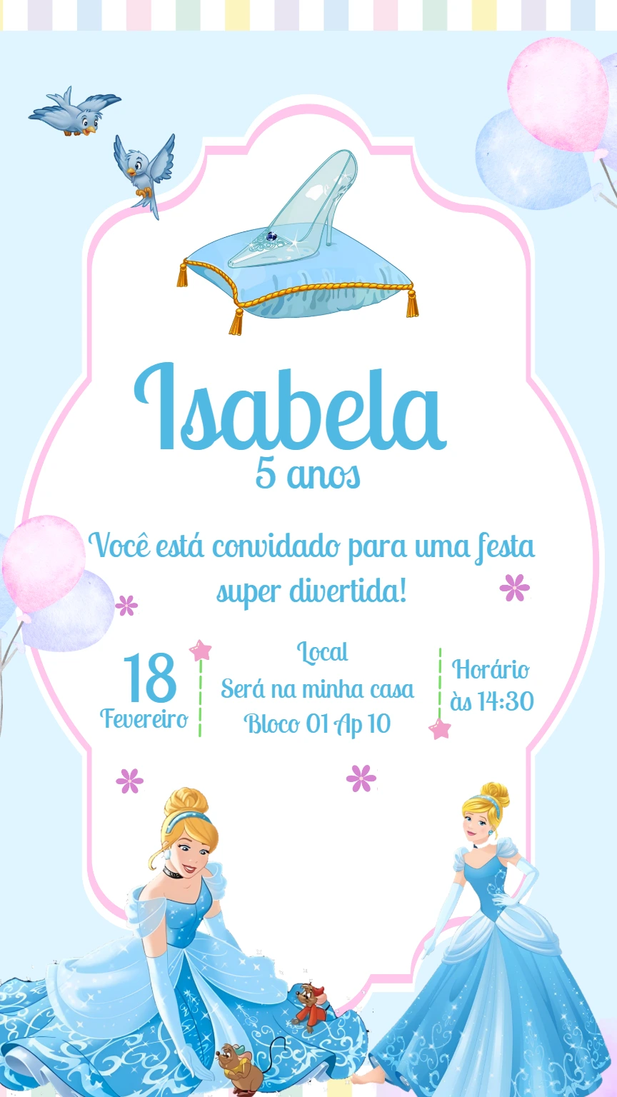 Convite de Aniversário Cinderela para Editar Online