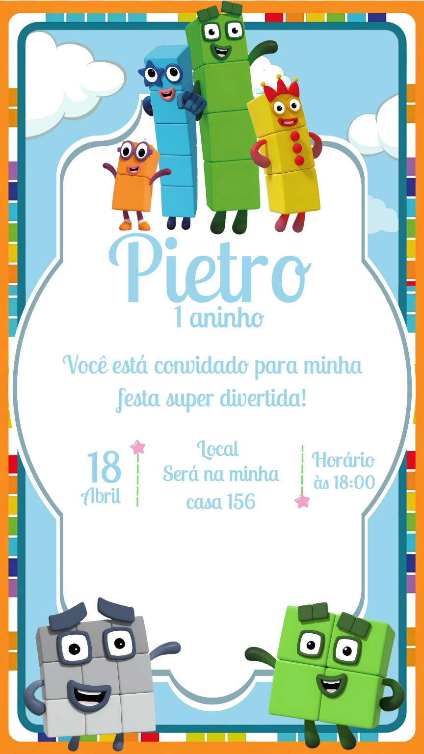 Convite de Aniversário Numberblocks com Personagens para Editar
