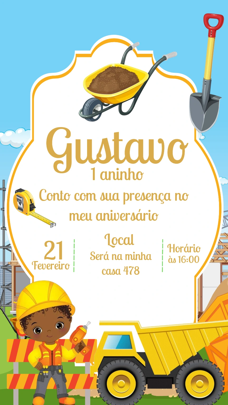 Convite de Aniversário Tema Construção Editável e Online