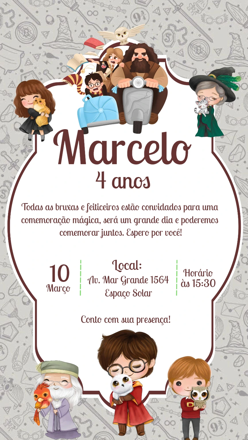 Convite Aniversário Harry Potter com Personagens para Editar
