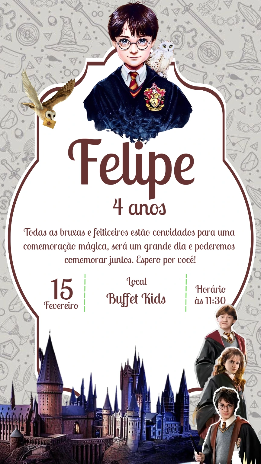 Convite Aniversário Harry Potter com Personagens para Editar Online