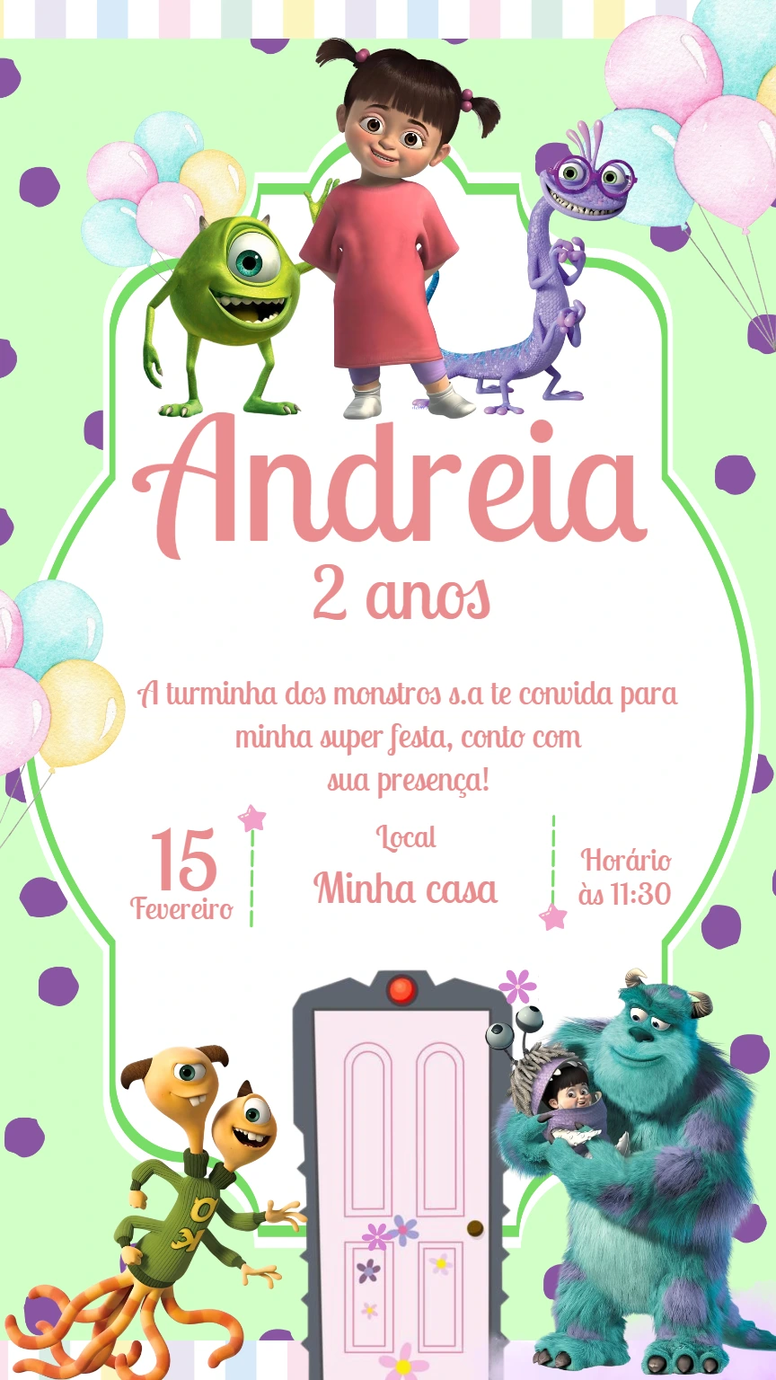 Convite de Aniversário Monstros SA para Editar e Imprimir