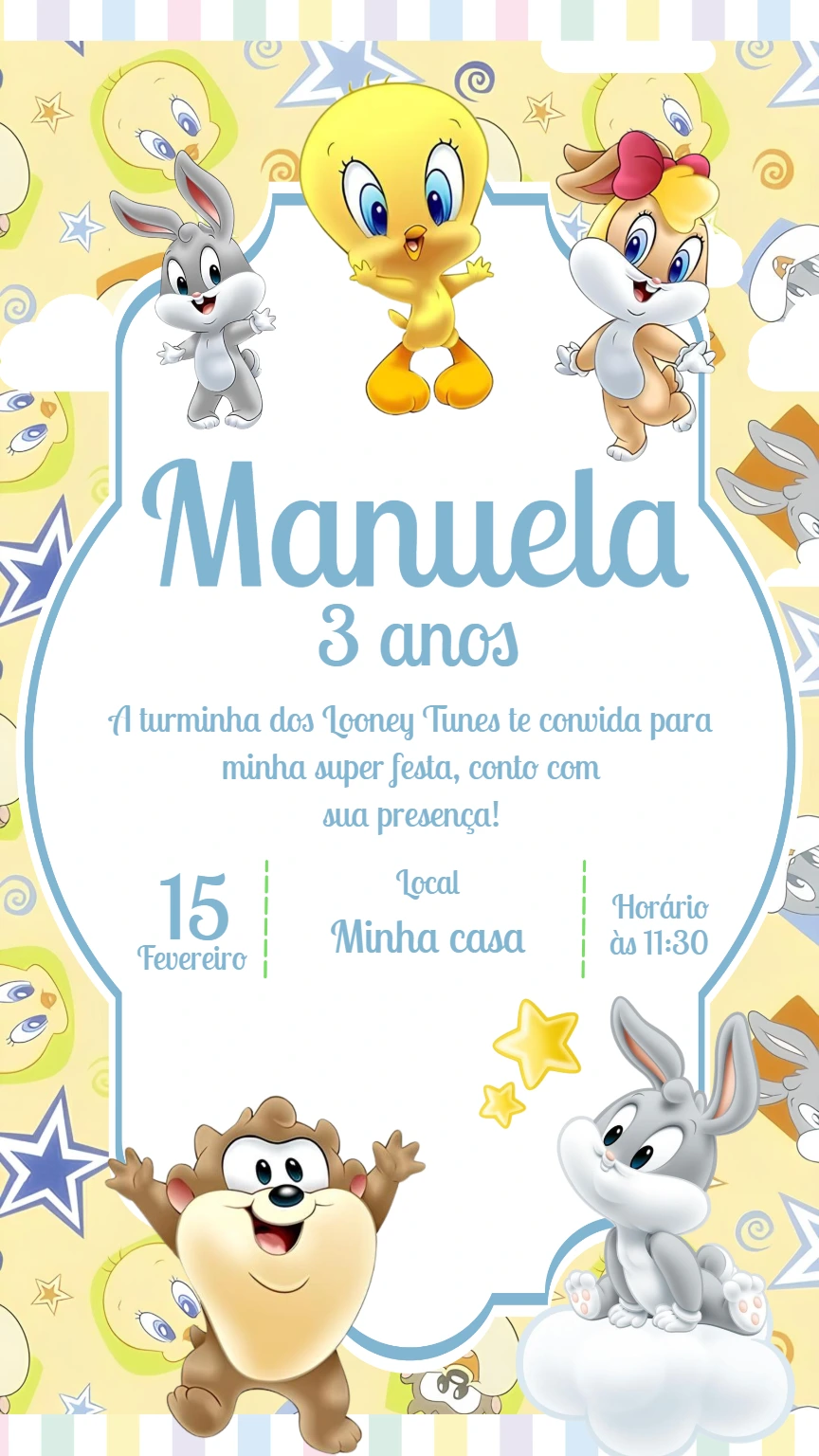 Convite de Aniversário Looney Tunes Baby para Editar Online