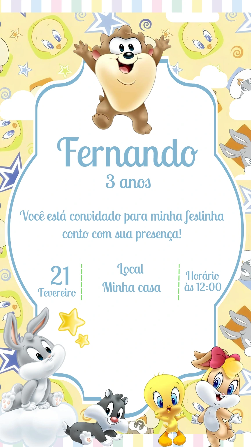 Convite Aniversário Baby Looney Tunes para Editar Online