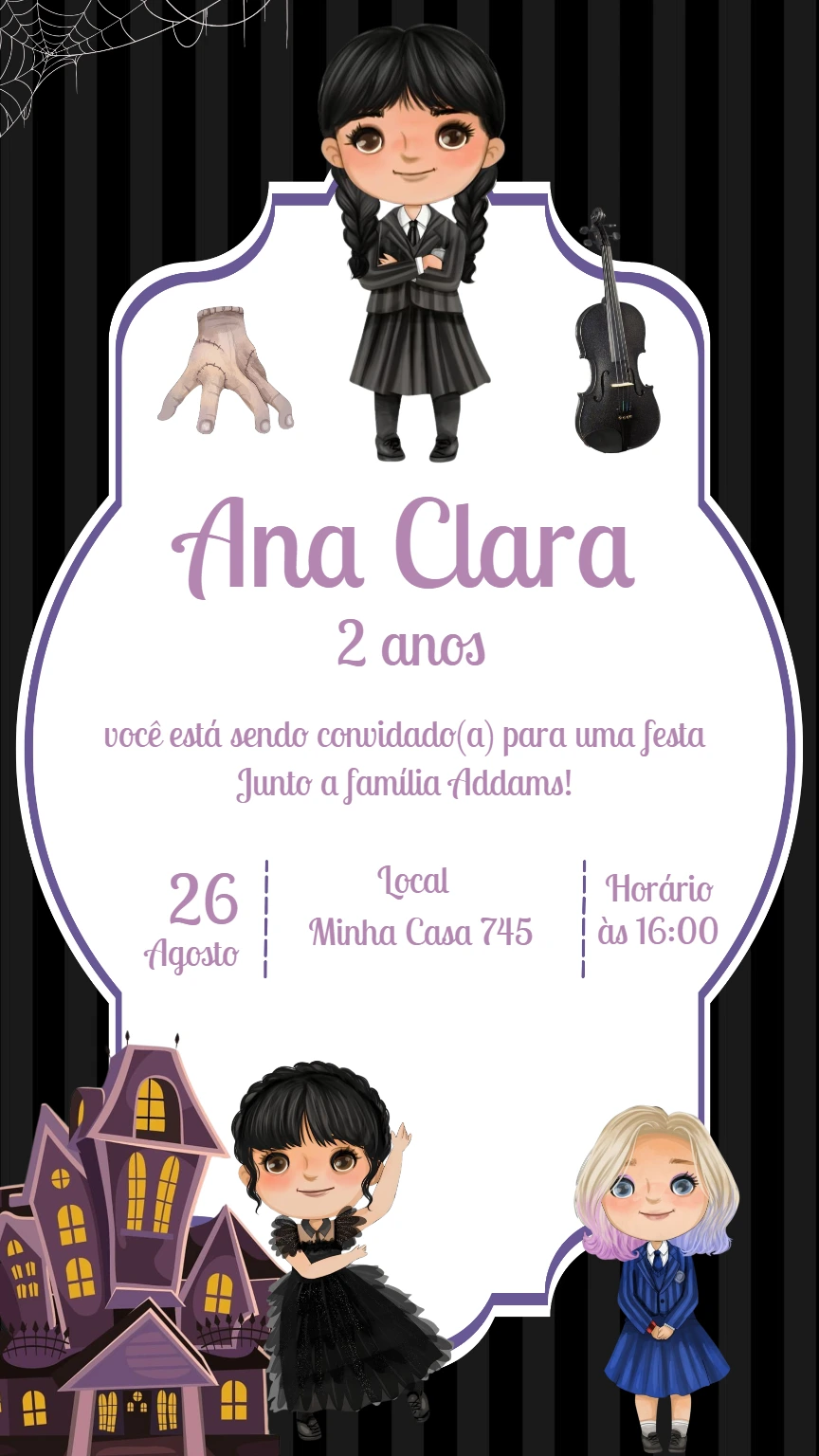 Convite de Aniversário Wandinha Addams para Editar Online