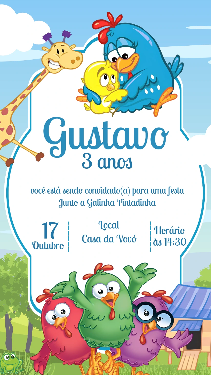 Convite de Aniversário Galinha Pintadinha com a Turma para Editar