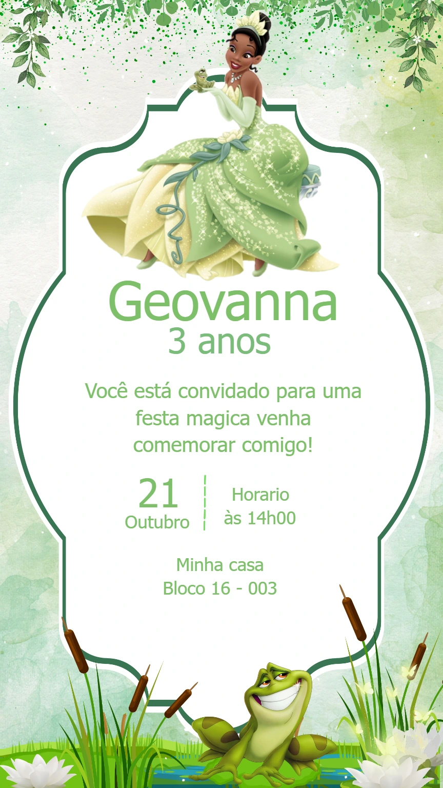 Convite de Aniversário da Princesa Tiana para Editar Online