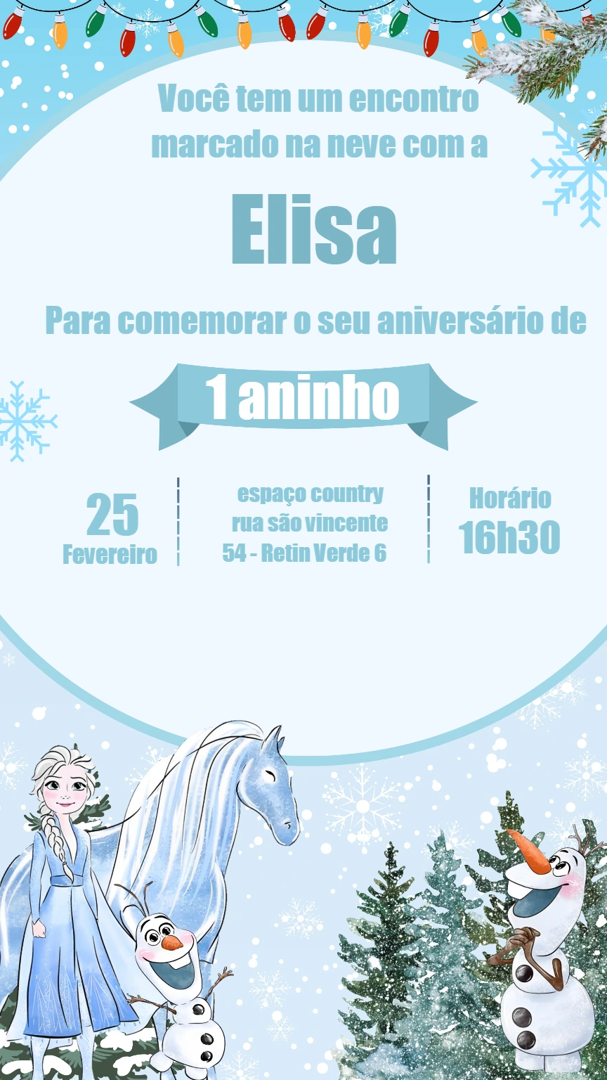 Convite de Aniversário Frozen com Elsa e Olaf para Editar Online