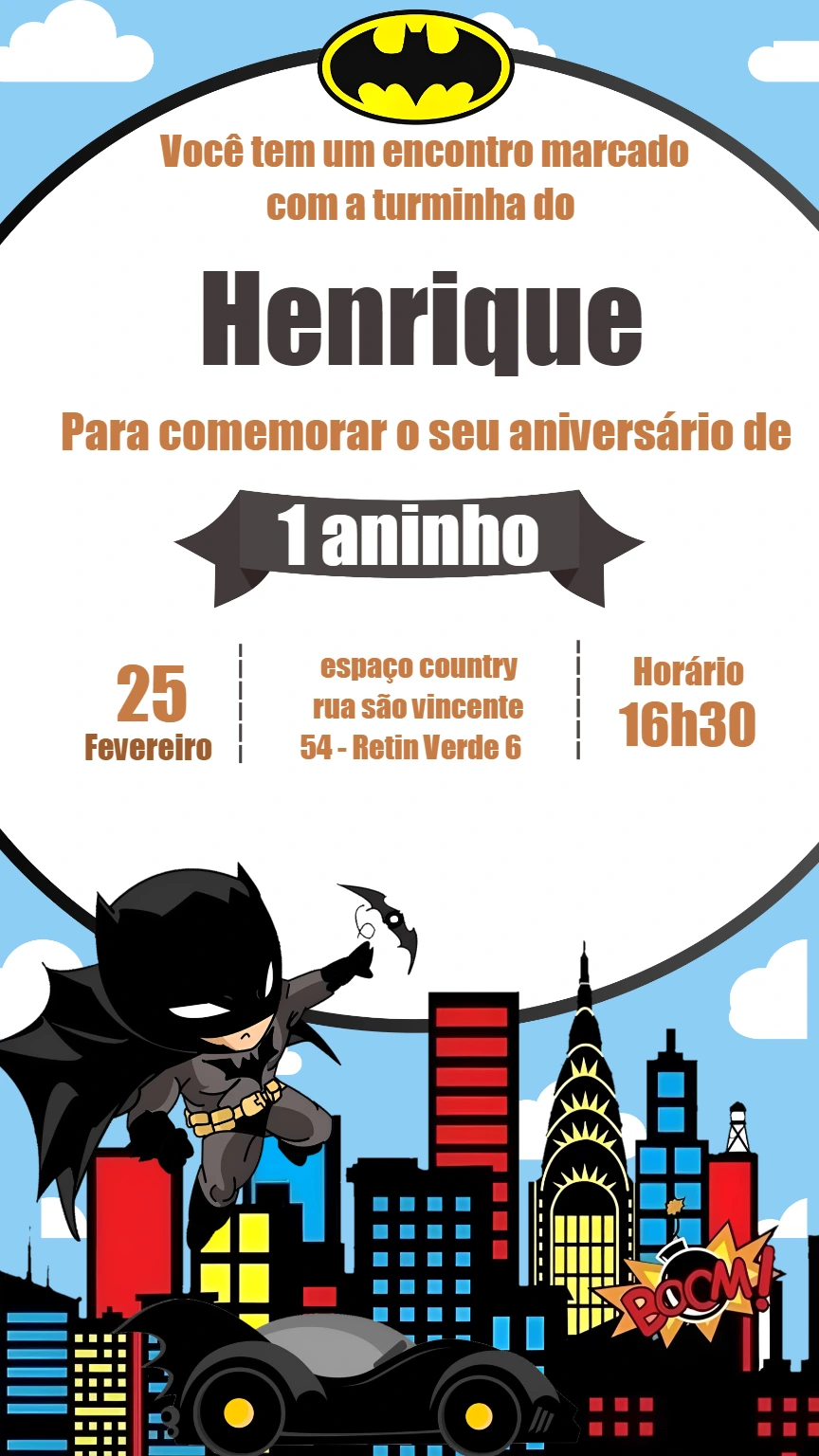 Convite de Aniversário Batman para Editar e Imprimir