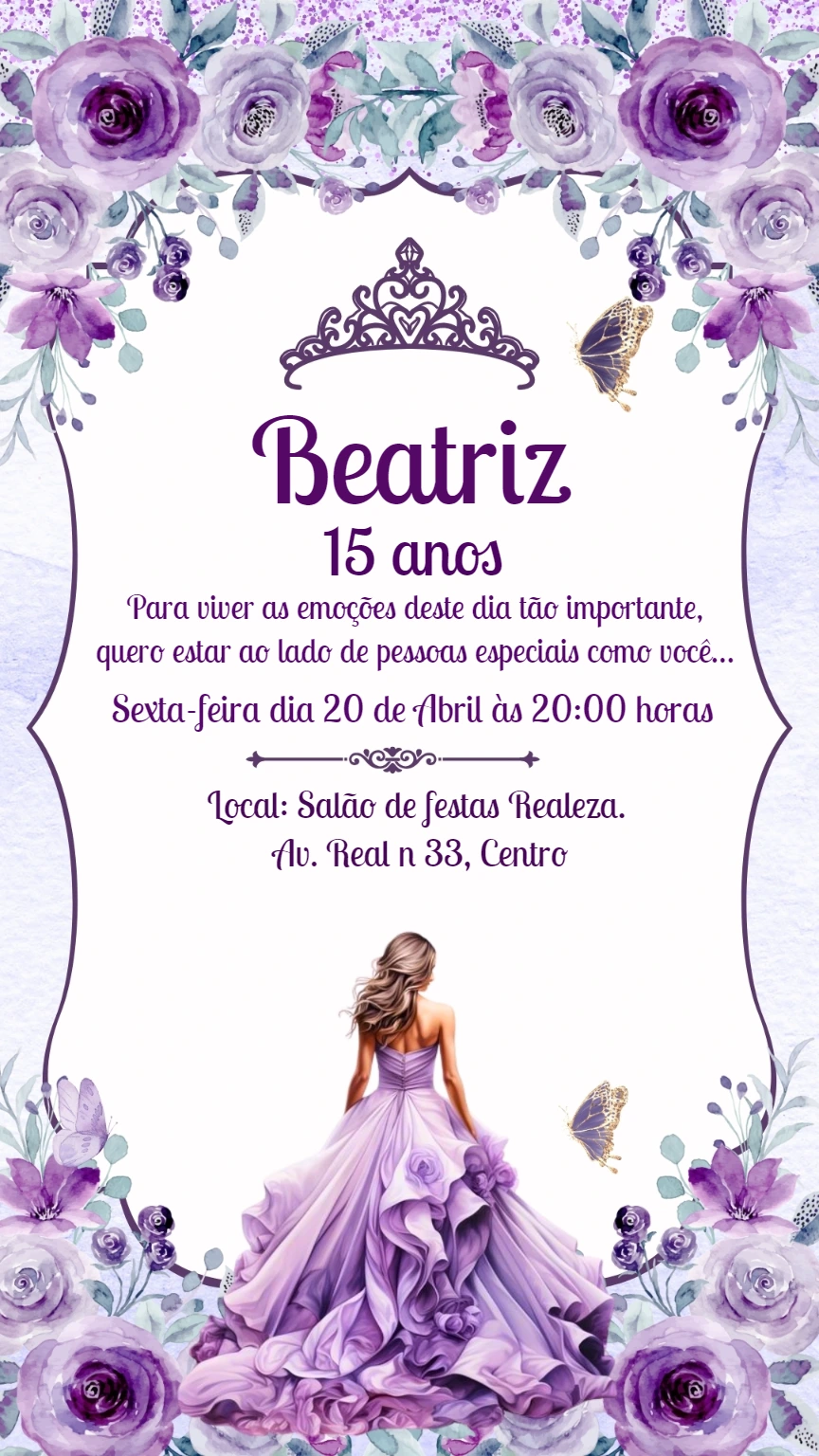 Convite de 15 Anos Lilás com Flores para Editar Online
