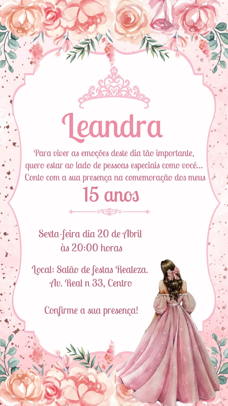 Convite 15 Anos Princesa Floral para Editar Online