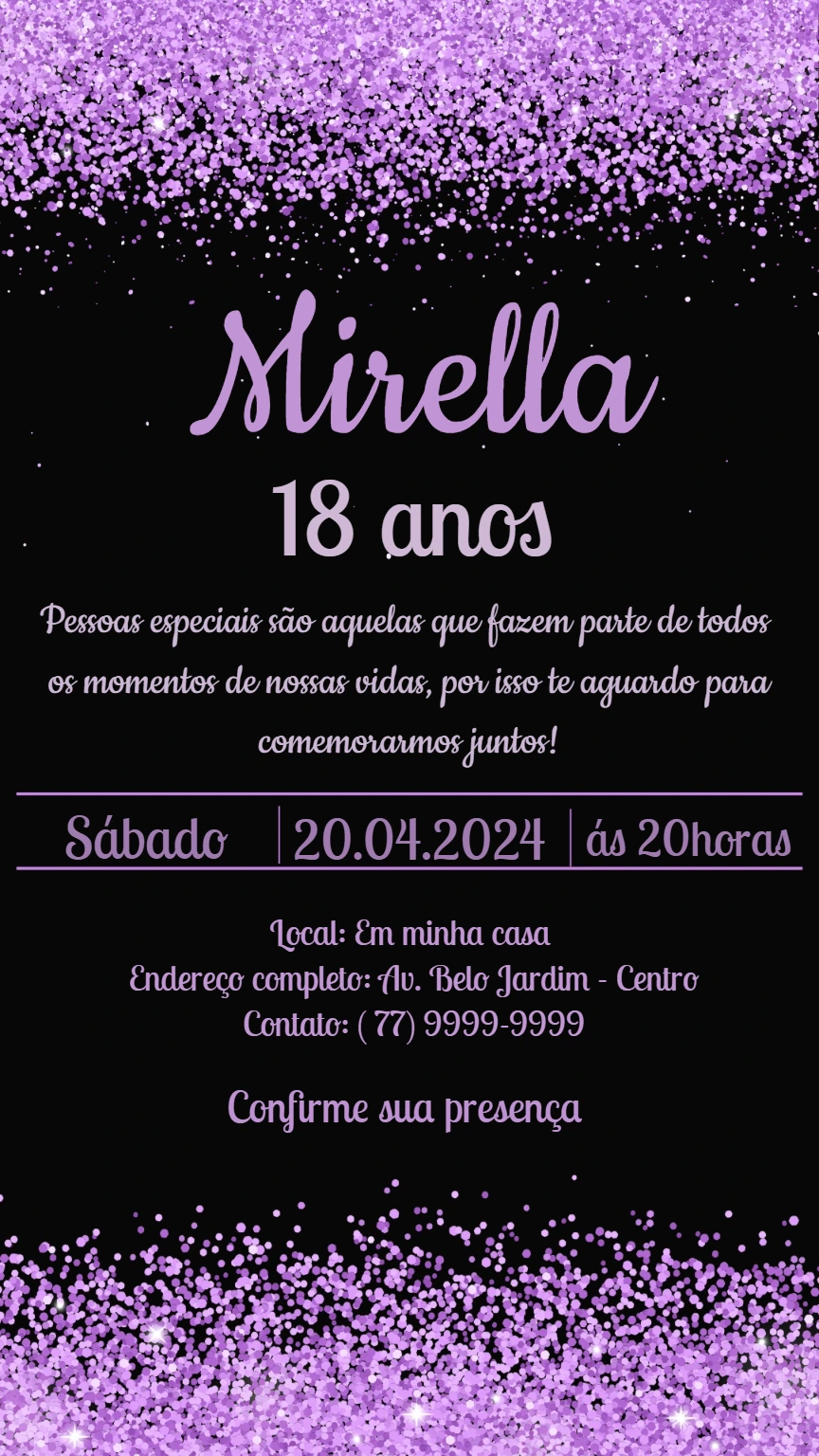 Convite de Aniversário com Glitter Roxo para Editar Online