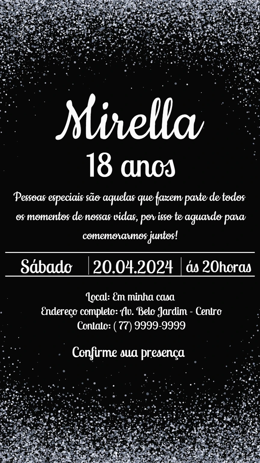 Convite de Aniversário Glitter Preto e Prata para Editar Online