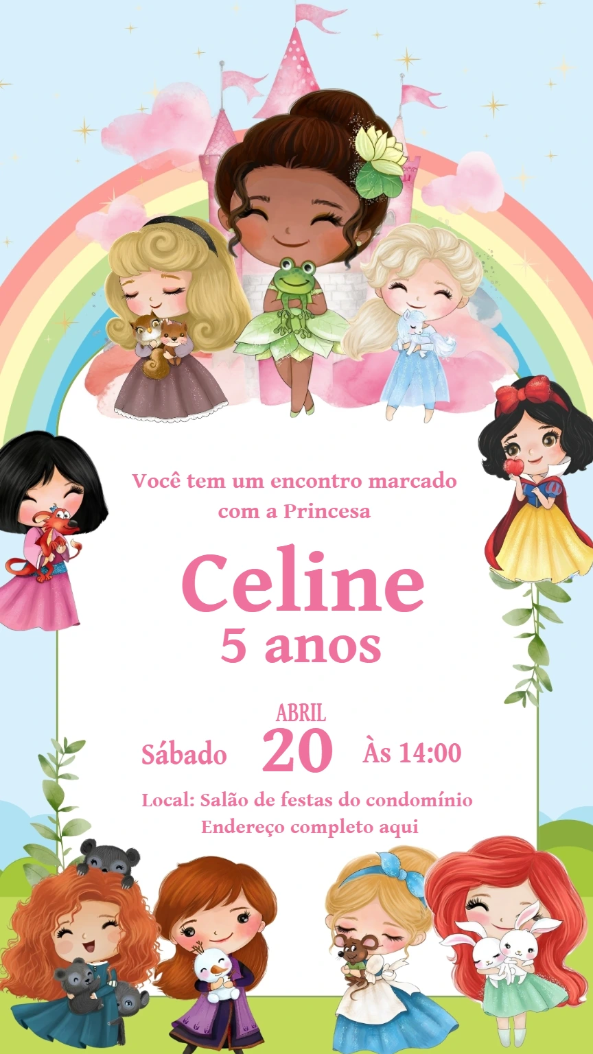 Convite Aniversário Princesas Disney Aquarela Editável Online