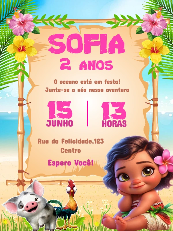 Convite Aniversário Moana Baby com Personagens para Editar Online