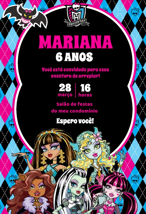 Convite de Aniversário Monster High com Personagens para Editar