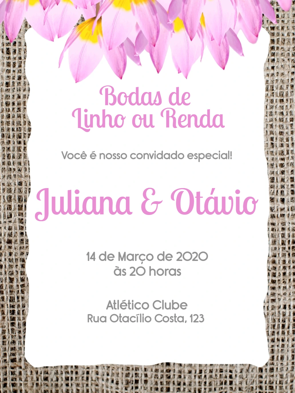 Convite Bodas de Linho Rústico Floral para Editar Online