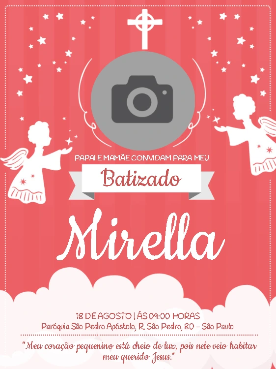 Convite de Batizado com Foto e Anjos para Editar Online