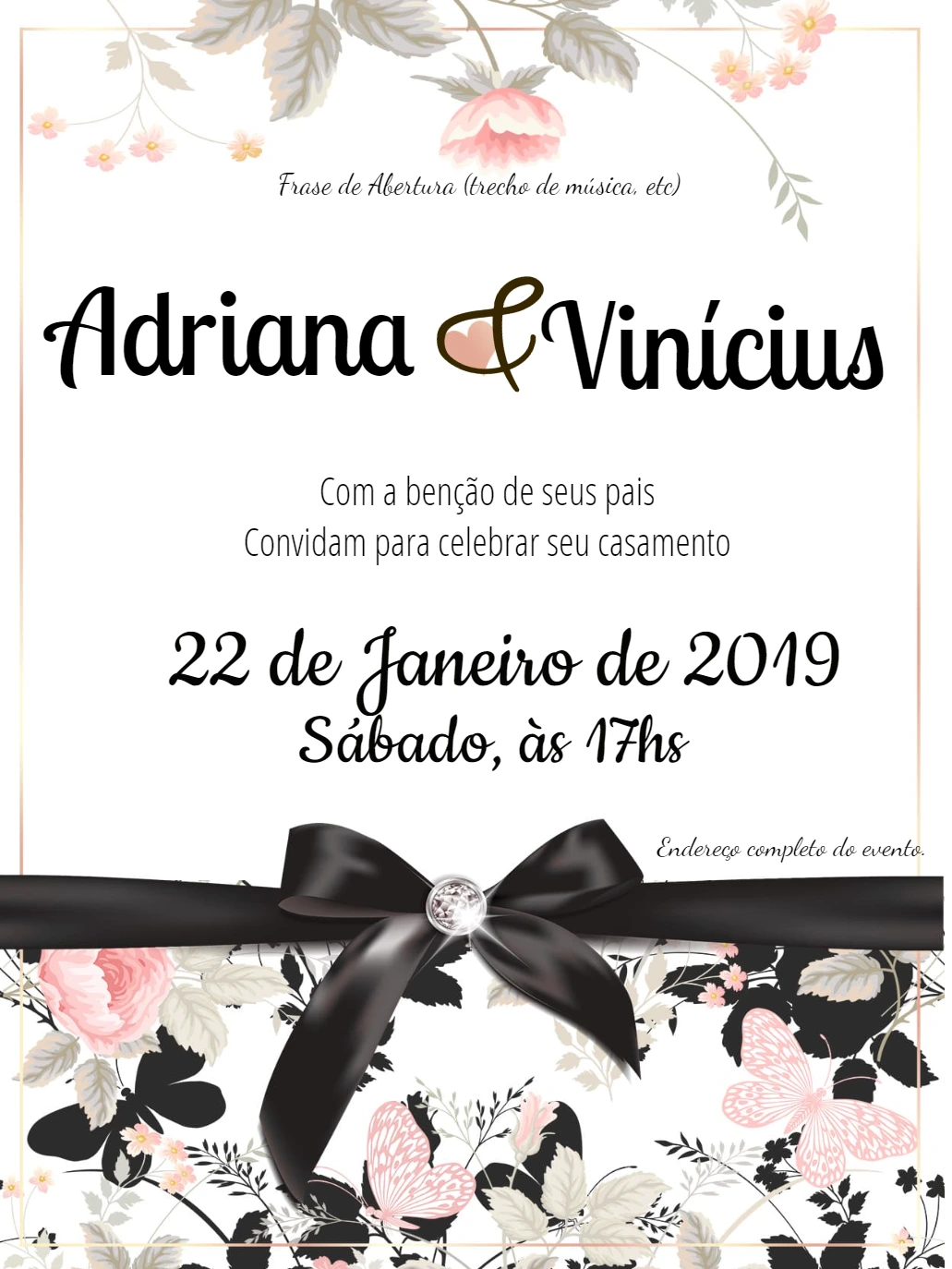 Convite de Casamento Floral com Laço Preto para Editar Online