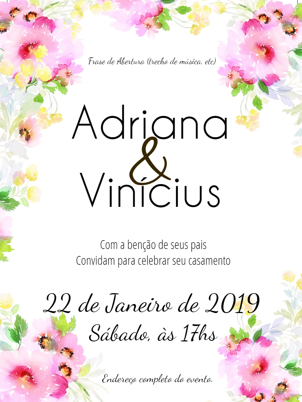 Convite de Casamento Floral Aquarela para Editar Online
