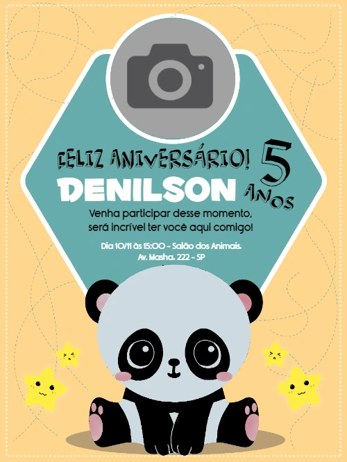 Convite Aniversário Panda com Foto para Editar Online