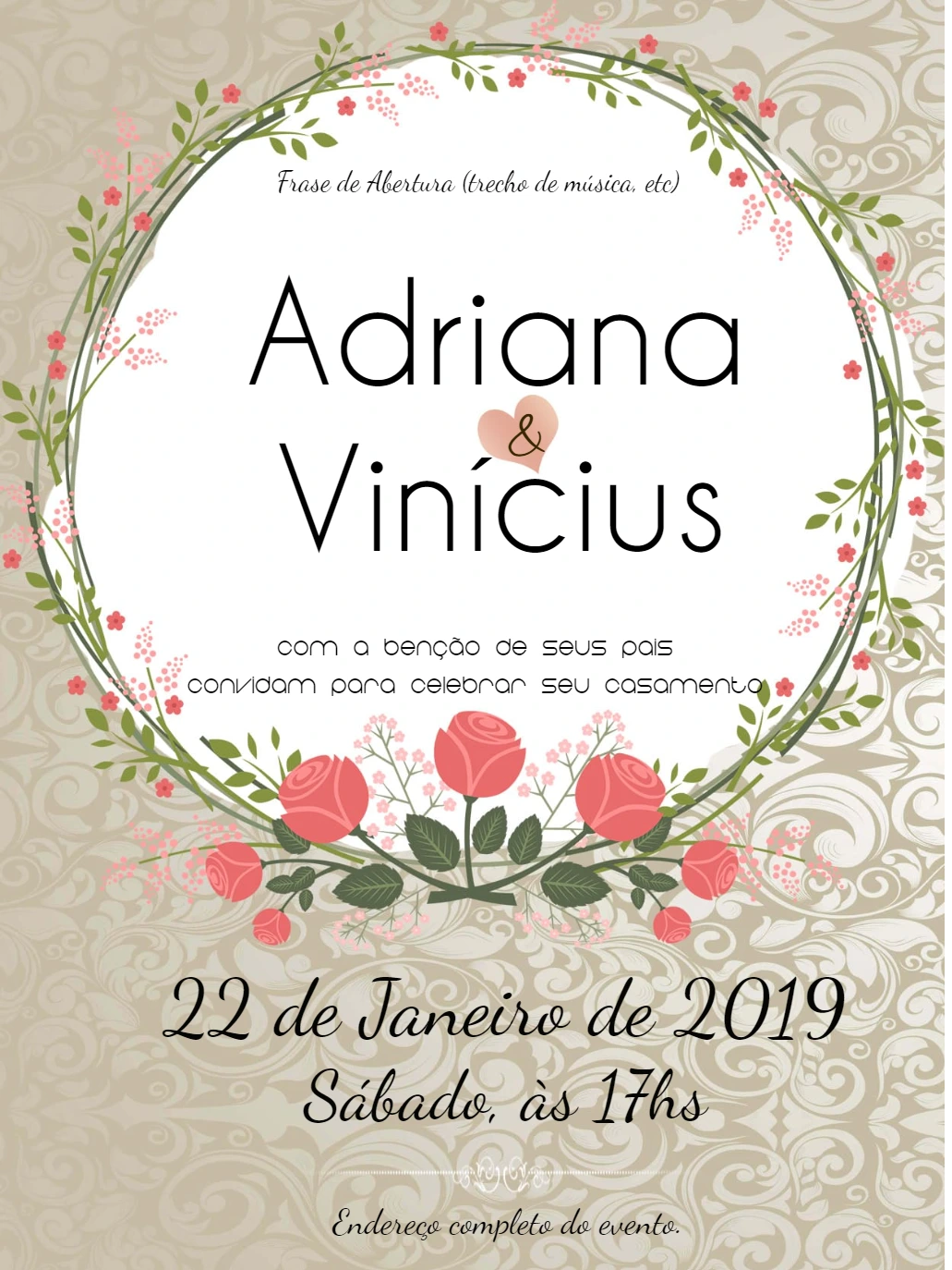 Convite de Casamento Floral com Rosas para Editar Online