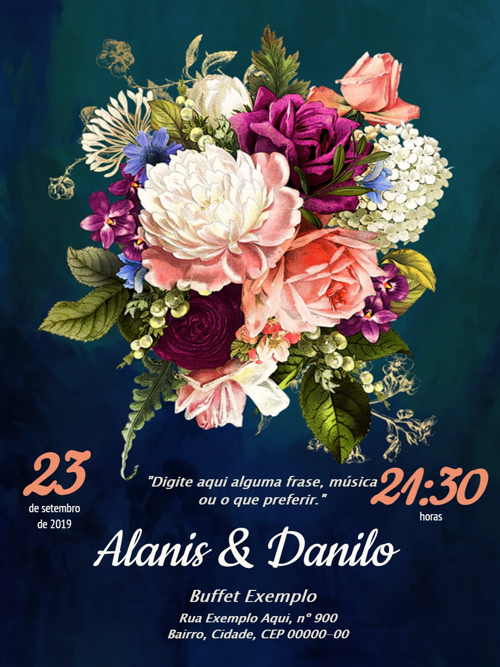 Convite de Casamento Floral com Buquê para Editar Online