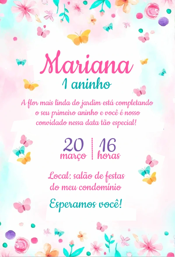 Convite Aniversário Jardim Encantado com Borboletas para Editar