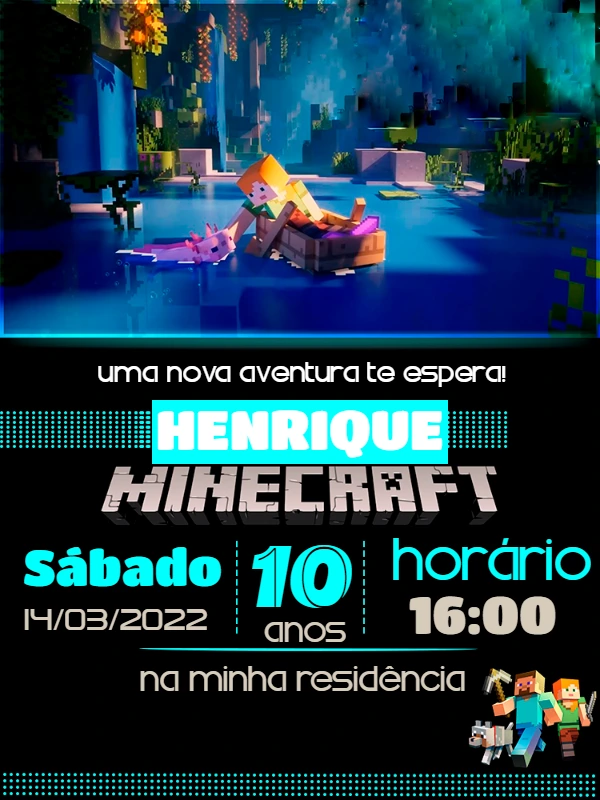 Convite de Aniversário Minecraft com Personagens para Editar Online