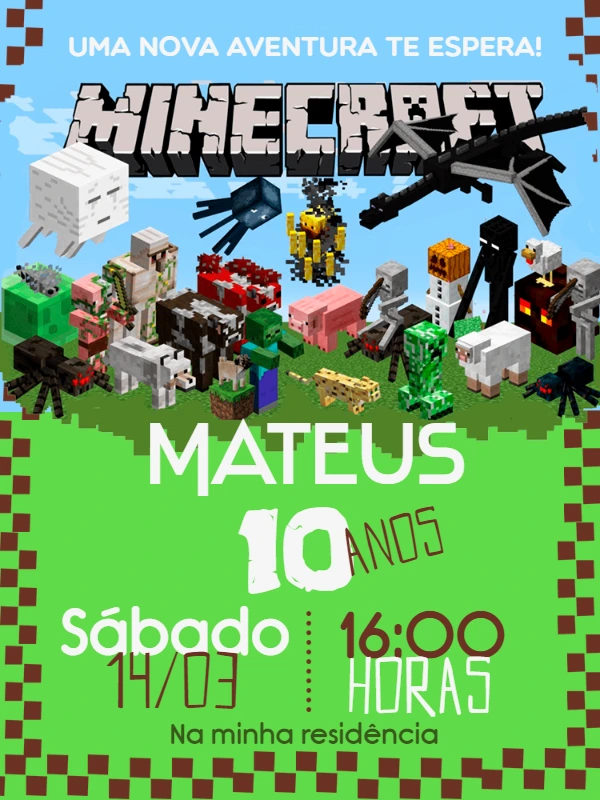 Convite de Aniversário Minecraft com Personagens para Editar