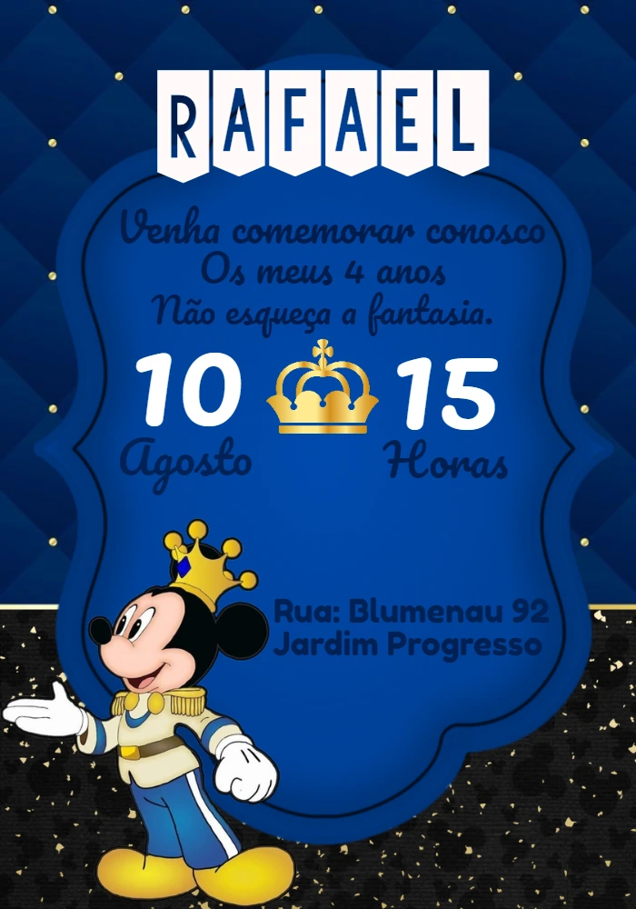 Convite Aniversário Mickey Príncipe para Editar Online