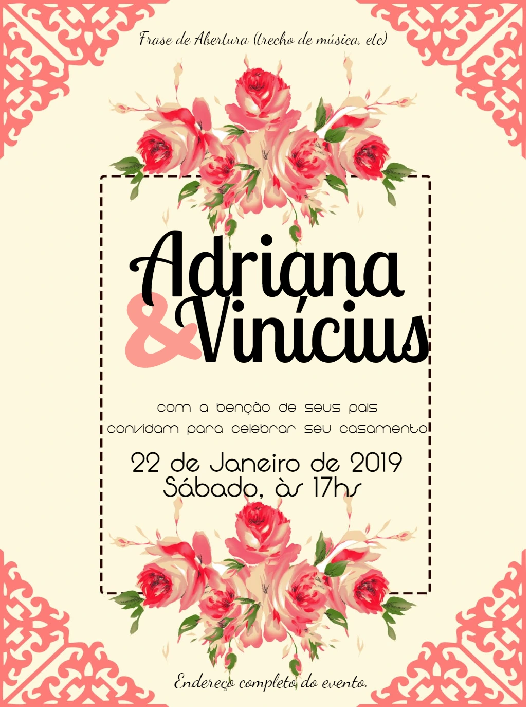 Convite de Casamento Floral com Rosas para Editar Online