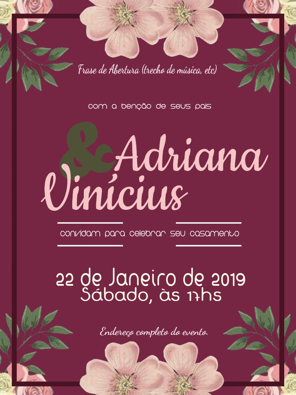 Convite de Casamento Floral Marsala para Editar Online