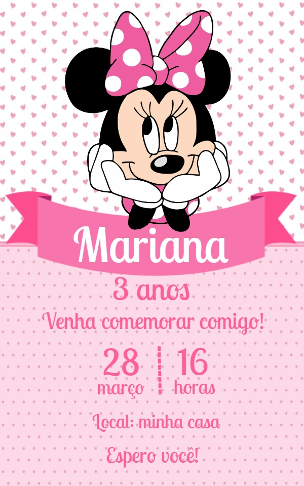 Convite Aniversário Minnie Mouse Rosa para Editar Online