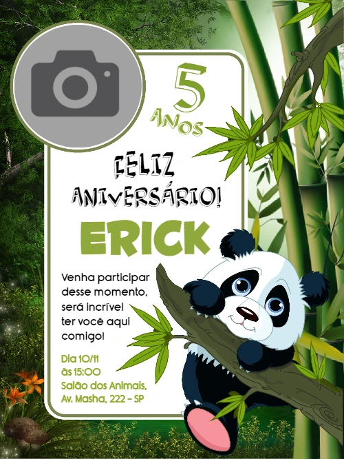 Convite de Aniversário Panda com Foto para Editar Online
